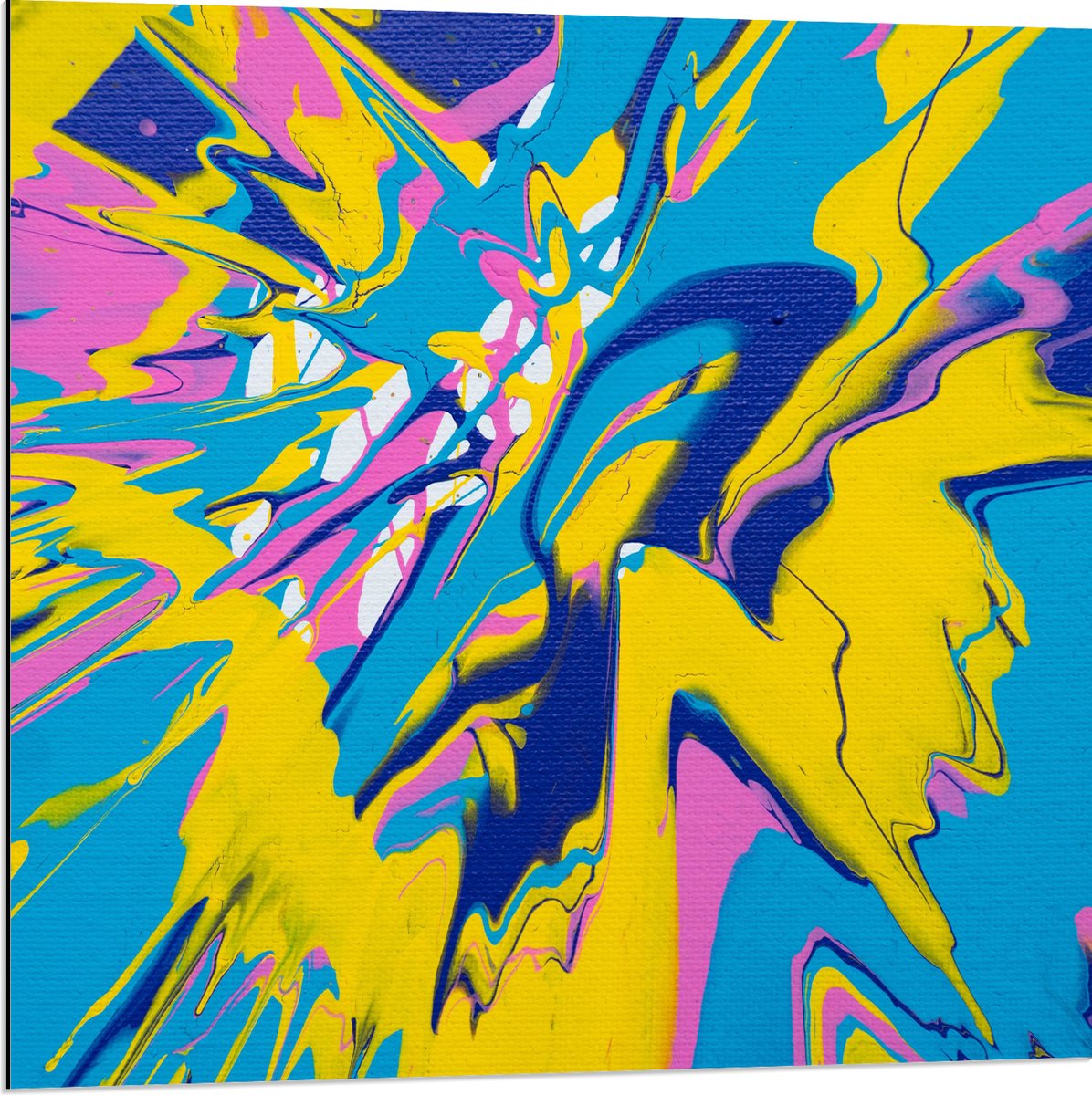 Dibond - Mix van Felle Kleuren Verf in Geel, Blauw en Roze - 80x80 cm Foto op Aluminium (Wanddecoratie van metaal)