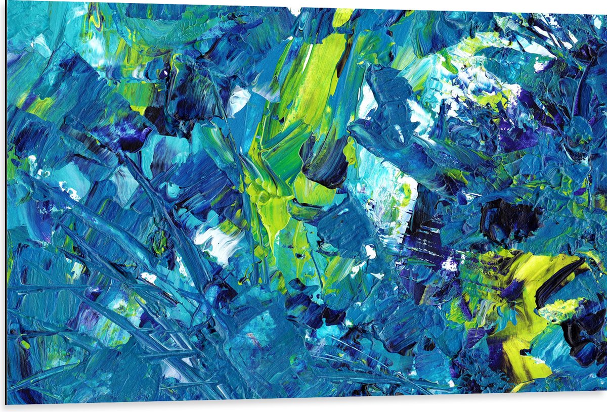 Dibond - Gemixte Verf in Blauwe en Groene Kleuren - 105x70 cm Foto op Aluminium (Wanddecoratie van metaal)
