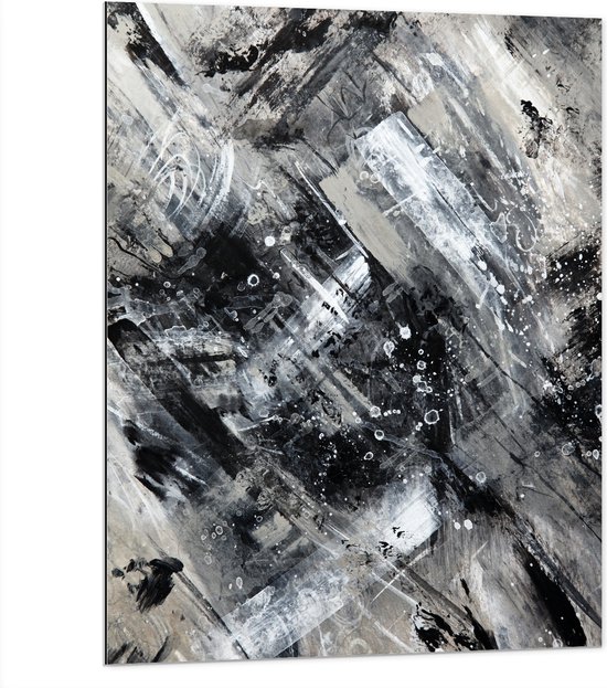 Dibond - Abstracte Verfmix van Zwart en Wit Tinten - 75x100 cm Foto op Aluminium (Met Ophangsysteem)