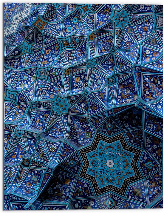 Dibond - Blauw Bloemenpatroon op Tegels in Plafond - 60x80 cm Foto op Aluminium (Wanddecoratie van metaal)