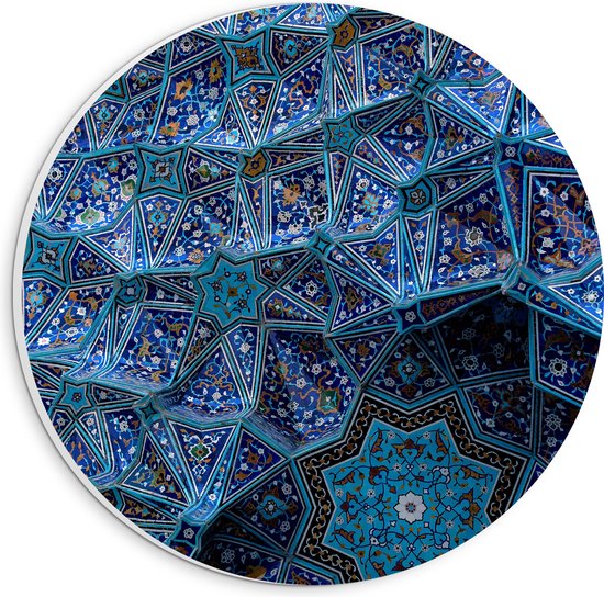 PVC Schuimplaat Muurcirkel - Blauw Bloemenpatroon op Tegels in Plafond - 20x20 cm Foto op Muurcirkel (met ophangsysteem)