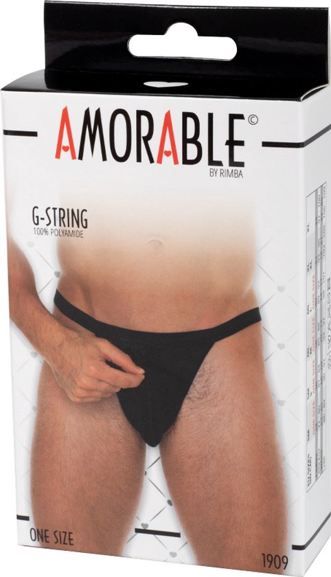 Zwarte G-string voor heren van Amorable by Rimba. Op de doos staat 'G-STRING 100% POLYAMIDE ONE SIZE'.