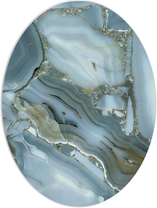 PVC Schuimplaat Ovaal - Luxe Wit met Gouden Marmer - 60x80 cm Foto op Ovaal (Met Ophangsysteem)