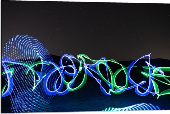 Dibond - Abstracte Neon Cirkels in Landschap - 90x60 cm Foto op Aluminium (Wanddecoratie van metaal)