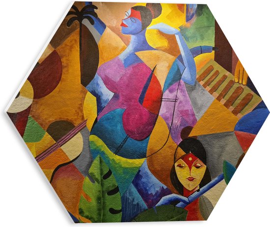 PVC Schuimplaat Hexagon - Muurschildering van Personen met Instrumenten tussen Bloemen en Planten - 30x26.1 cm Foto op Hexagon (Met Ophangsysteem)