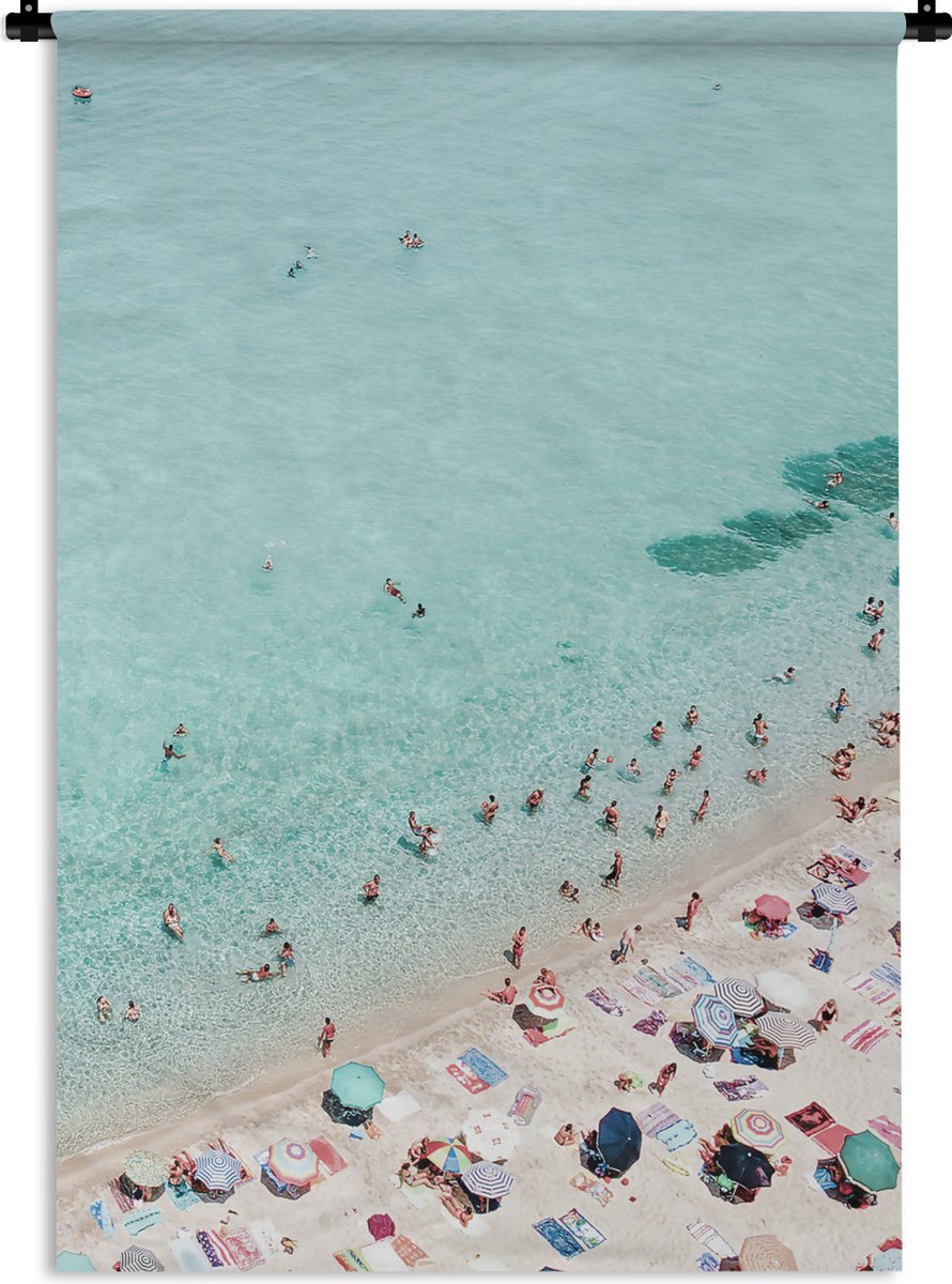 Wandkleed - Wanddoek - Zee - Strand - Parasols - Blauw - Zomer - 60x90 cm - Wandtapijt