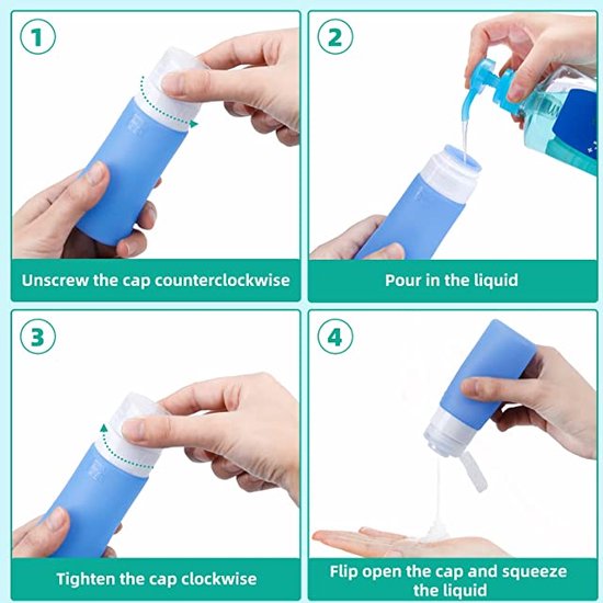 4-pack siliconen reisflessen, 89 ml lekbestendige vloeibare knijpbare navulbare draagbare reisaccessoires/cosmetische containers, BPA-vrij, reisformaat flessen voor toiletartikelen Shampoo Conditioner