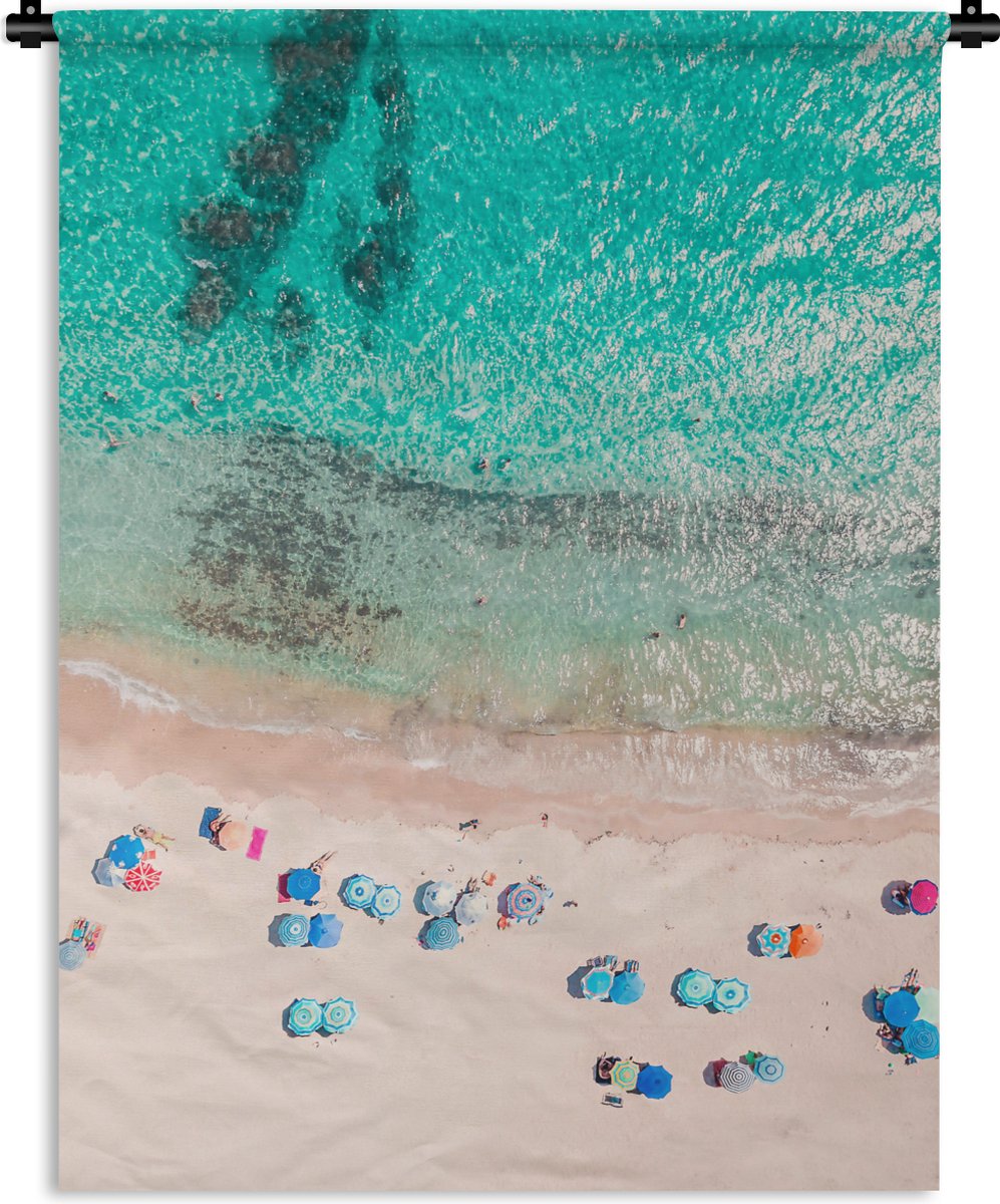 Wandkleed - Wanddoek - Zee - Strand - Zomer - Parasols - Blauw - 120x160 cm - Wandtapijt
