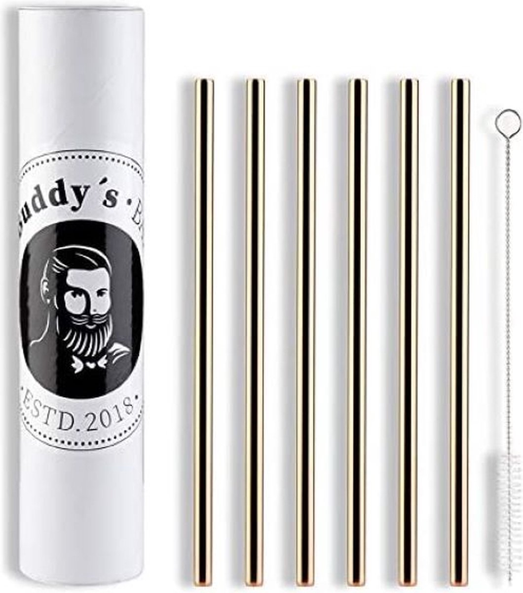 Buddy's Bar Herbruikbare rietjes set - RVS - koperlook goud - 21,5 cm - inclusief schoonmaakborstel