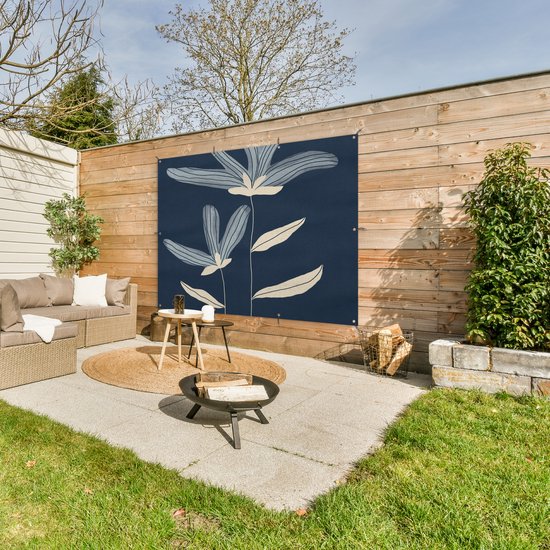 Muurdecoratie buiten Bloemen - Planten - Blauw - Natuur - 160x120 cm - Tuindoek - Buitenposter