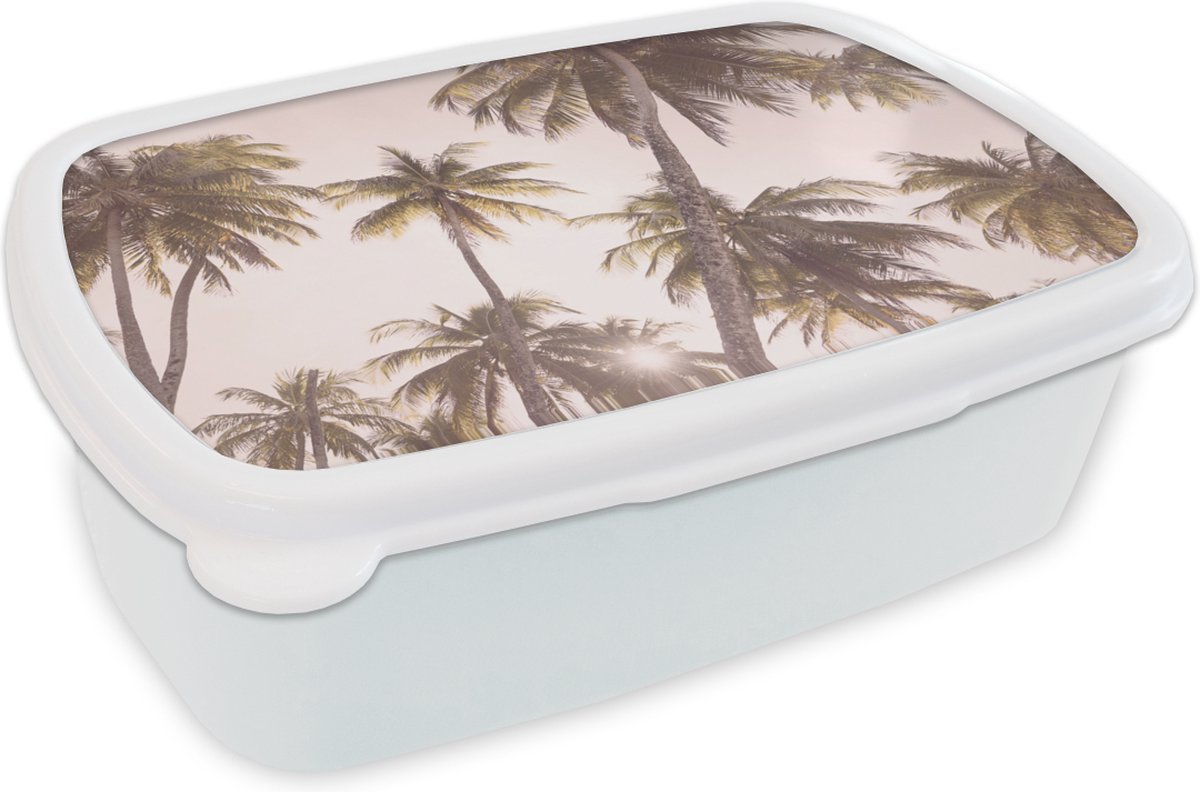 Broodtrommel Wit - Lunchbox - Brooddoos - Palmbomen - Groen - Zon - Natuur - 18x12x6 cm - Volwassenen