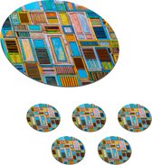 Onderzetters voor glazen - Rond - Deuren - Blauw - Abstract - Architectuur - Neon - 10x10 cm - Glasonderzetters - 6 stuks