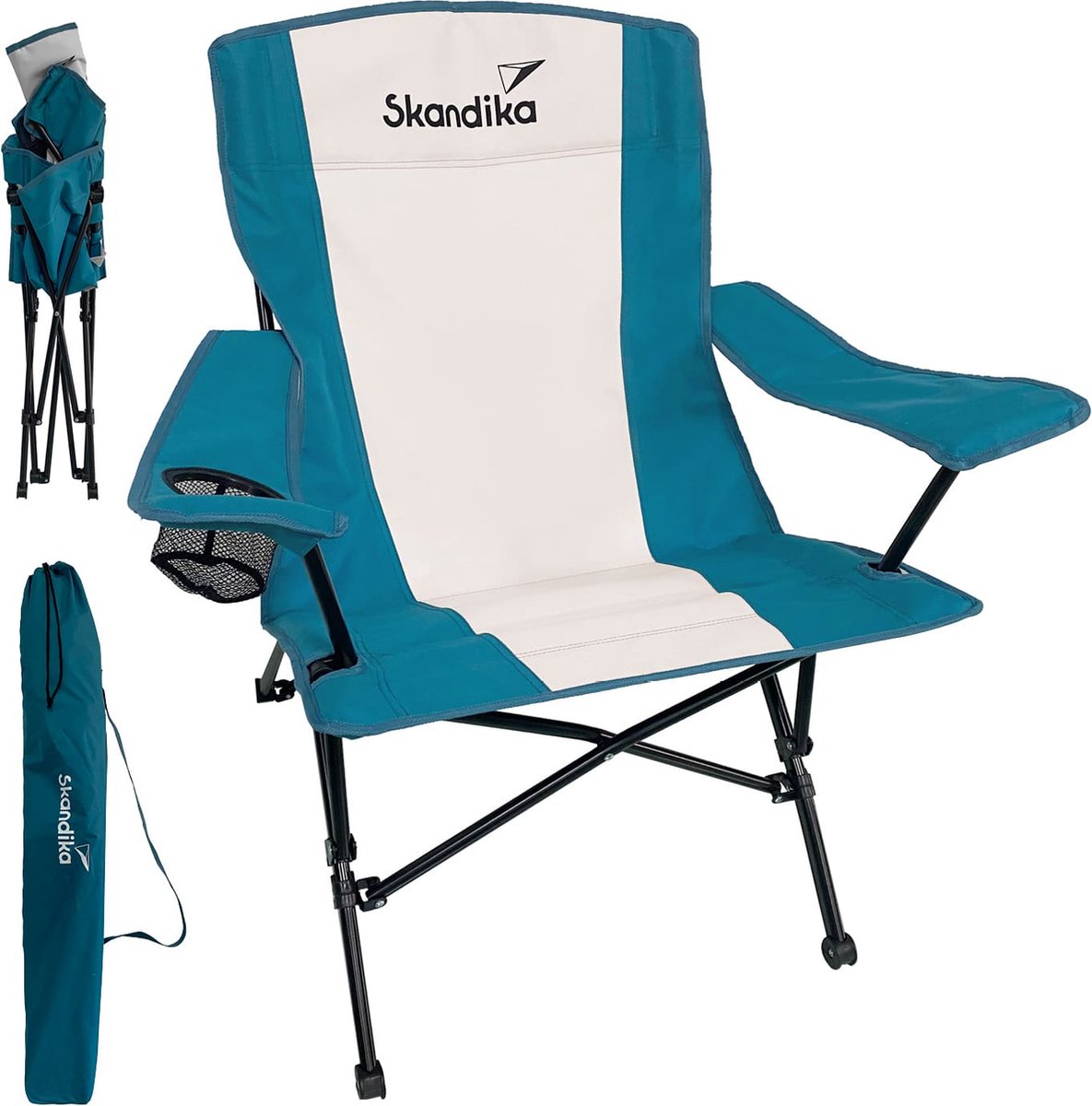 Skandika Kolari Campingstoel – Campingstoel – Vouwstoel met drinkhouder brede armleuningen inclusief draagtas – Vouwbare visstoel – Inklapbaar – 73 x 82 x 92 cm (L x B x H) – Max. Gebruikersgewicht 136 kg - Kamperen Outdoor Tuin – wit/blauw