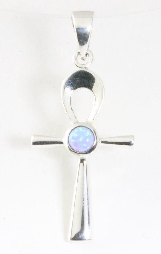 Zilveren ankh hanger met een lichtblauwe, gevlekte opaal.
