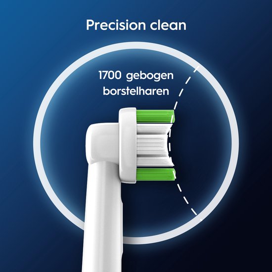 Brossette Oral-B Precision Clean avec 1700 poils courbés, verts et blancs, dans un cercle.
