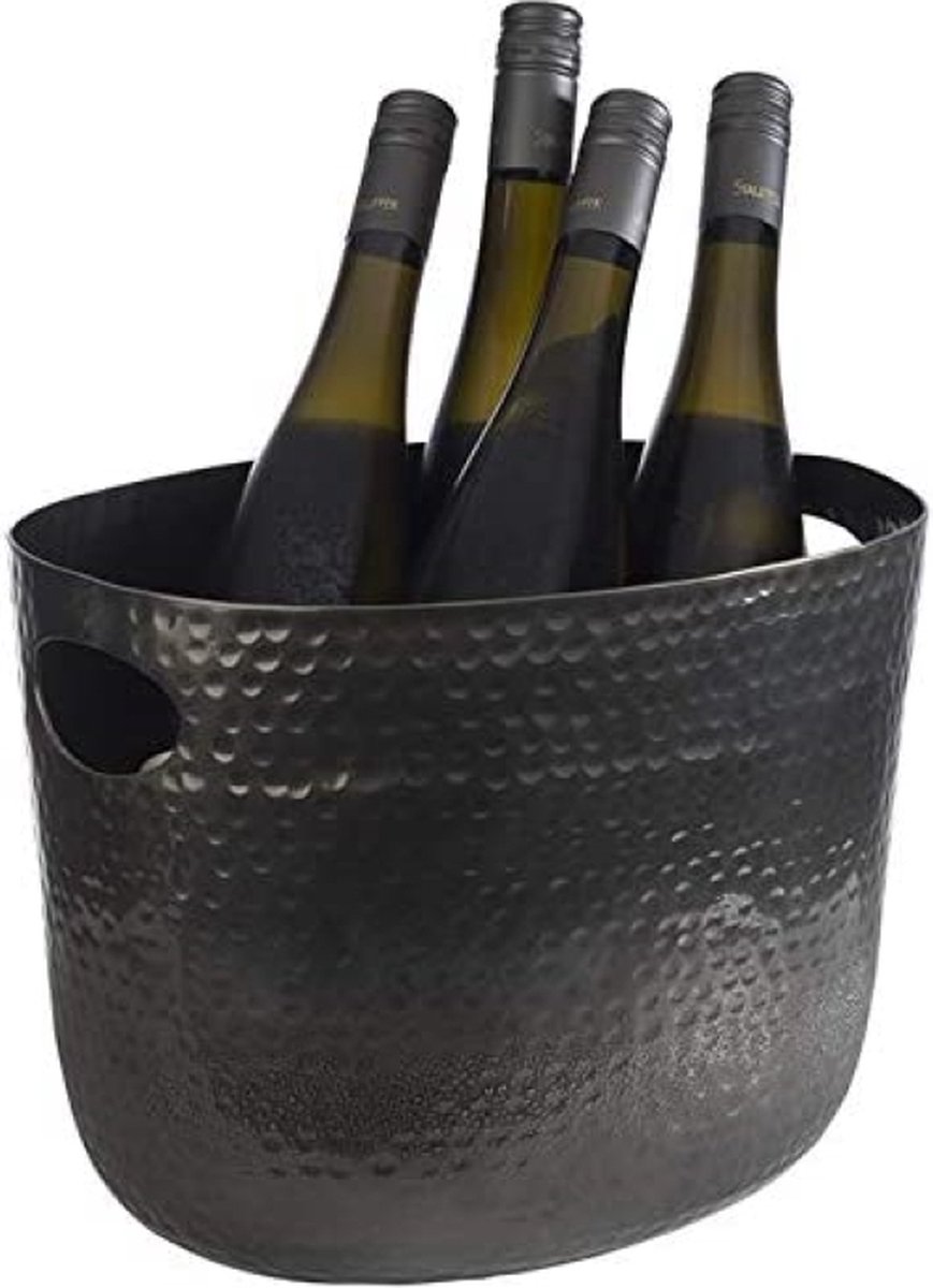 Flessenkoeler, drankbak, 7 liter, drankkoeler, hoogwaardige wijnkoeler, champagnekoeler van aluminium, 30 x 23,5 cm, hoogte 23 cm, zwart gehamerd.