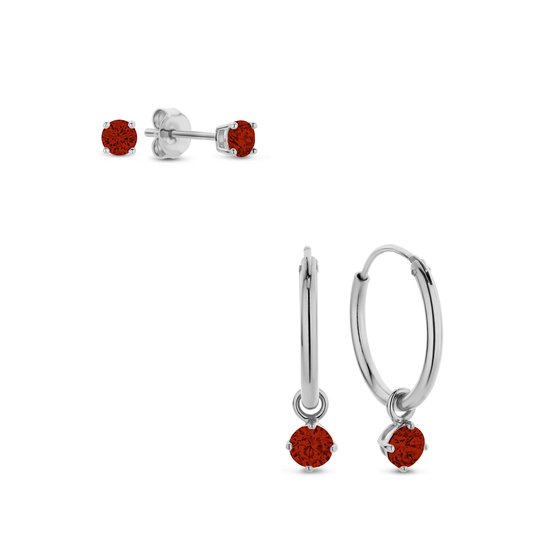 Silventi 9SIL-SET0008 Set Boucles d'oreilles en argent avec pendentif et Clips d'oreilles avec zircone - Diamètre 15 mm - Clous 3 mm - Rouge - Rhodium - Argent