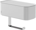 Porte-rouleau toilette blanc Tiger 2-Store avec bac de rangement et couvercle fermé. Porte-rouleau chromé.