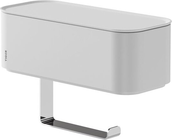 Porte-rouleau toilette blanc Tiger 2-Store avec bac de rangement et couvercle fermé. Porte-rouleau chromé.