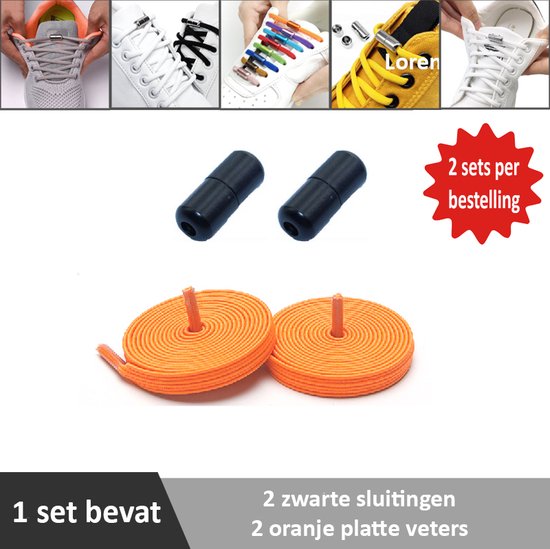 2 paar oranje platte elastische veters met zwarte sluitingen. Je hoeft voortaan nooit meer je veters te strikken.