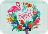 Dienblad TROPICANA met tekst ''Summer Vibes''- Groen / Multicolor- Kunststof - 42 x 31 cm - Flamingo - Papegaai