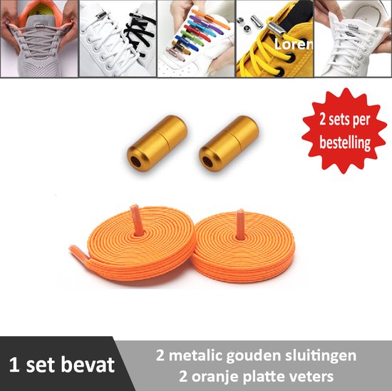 2 paar oranje platte elastische veters met metalic gouden sluitingen. Je hoeft voortaan nooit meer je veters te strikken.