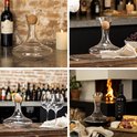 Quatre images d'une carafe à vin transparente avec bouchon en liège, dans différents décors.