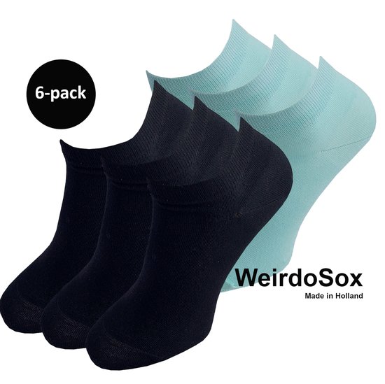 WeirdoSox Bamboe naadloze sneaker sokken Zwart / Mintgroen - Anti zweet - Anti bacterieel - Dames en heren - 6 Paar - Maat 39/42
