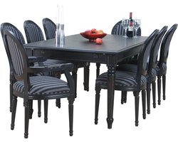 Zwart antiek patina barok eethoek Mozart met 8 Rococo stoelen zwart.