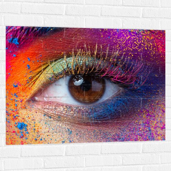 Muursticker - Vrouwelijke Oog met Meerkleurige Make-up - 100x75 cm Foto op Muursticker