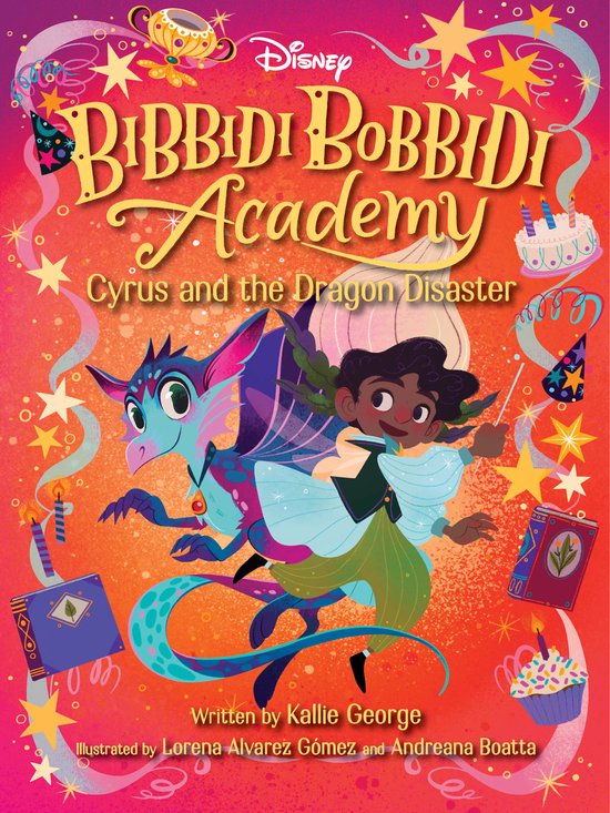 De cover van 'Bibbidi Bobbidi Academy: Cyrus en de Drakenramp' toont een jongen met een toverstaf, naast een blauwe draak.