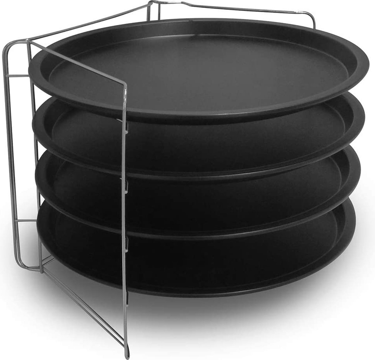 Set van 4 diepe pizzaplaten (32 cm) - staal met dubbele antiaanbaklaag, zwart, inclusief 1 ruimtebesparend inklapbaar stalen frame