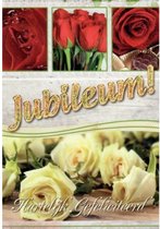 Jubileum! Hartelijk gefeliciteerd! Een bijzondere kaart met prachtige rozen in verschillende kleuren. Leuk om zo te geven of om bij een cadeau te voegen. Een dubbele wenskaart inclusief envelop en in folie verpakt.