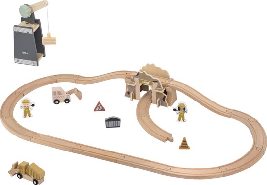 Houten treinbaan met mijn entree, kraan, graafmachine, kiepwagen, twee bouwvakkers en accessoires zoals een vrachtbak, oranje kegel en een waarschuwingsbord.
