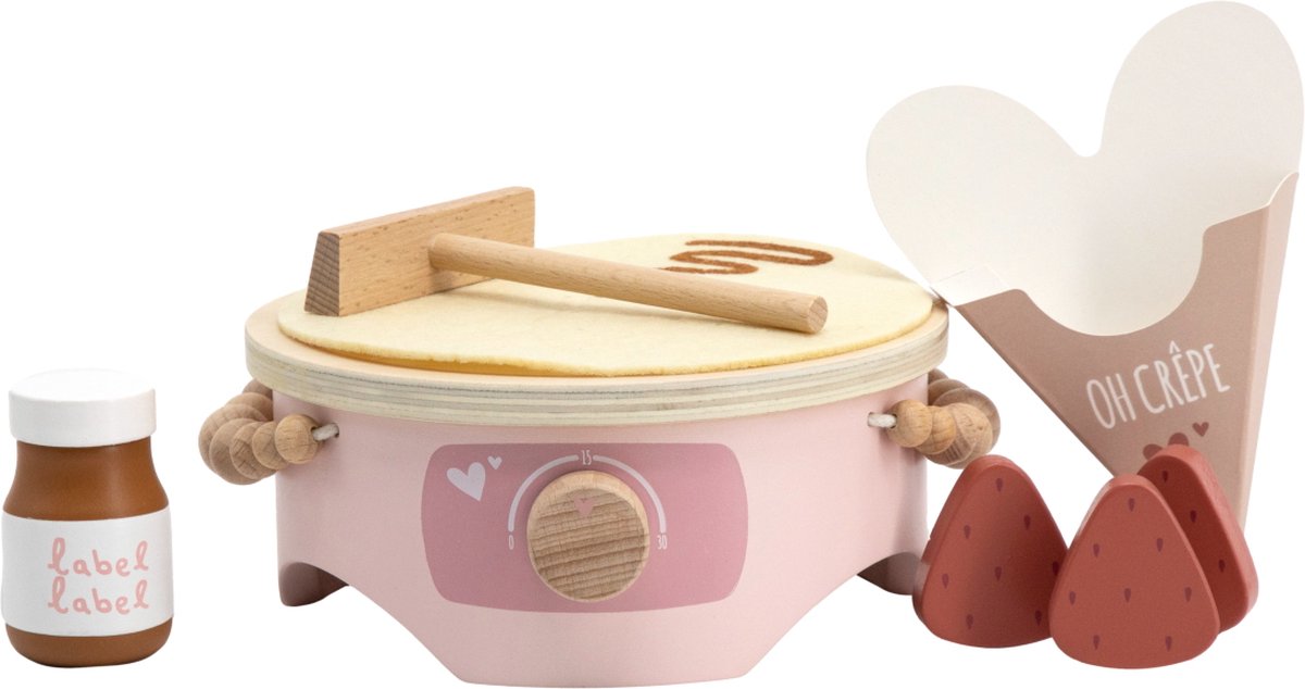 Label Label - Houten Crepe Maker - Roze - Inclusief Crepe, Toppings, Bakje & Beslagstrijker - Keukenspeelgoed voor Kinderen - Stimuleert Creatief Spelen - Geschikt voor Kindjes vanaf 18 Maanden