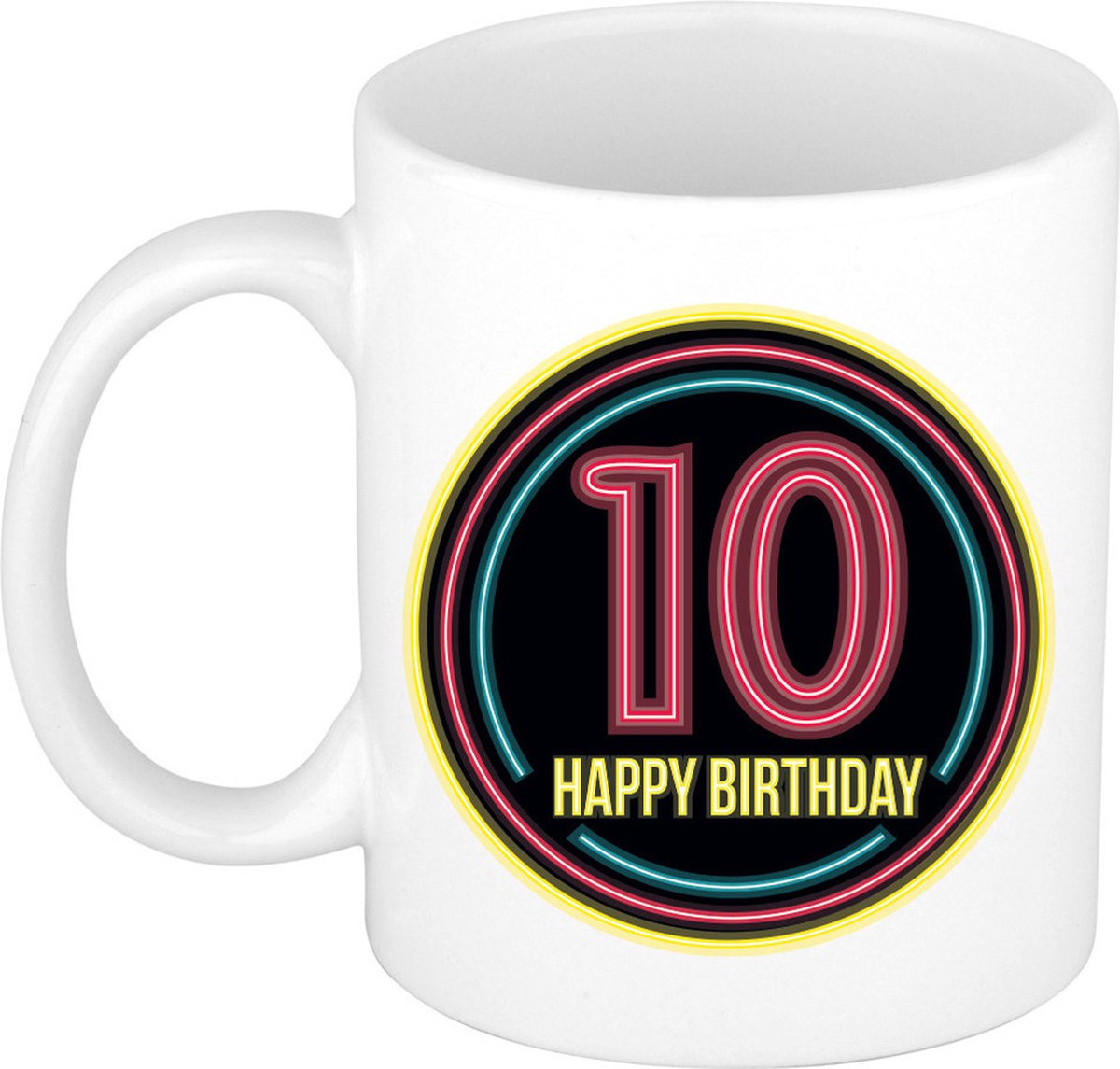 Bellatio Decorations Verjaardag mok / beker - happy birthday 10 jaar - neon - 300 ml