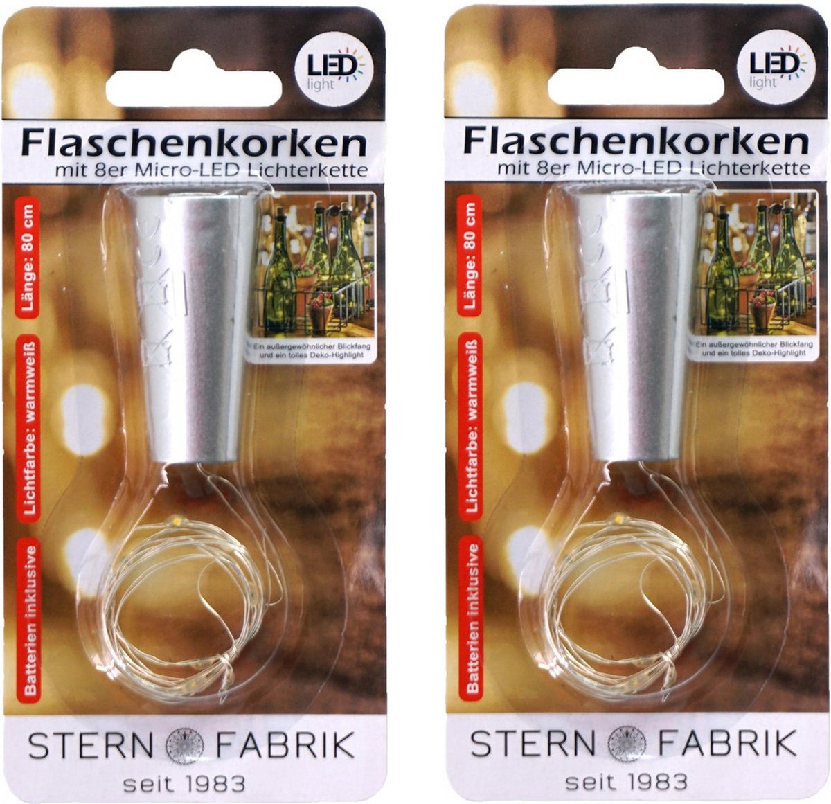 Stern Fabrik flesverlichting kurk - 2x - lichtsnoer - zilver - LED - 80 cm - bottle lights