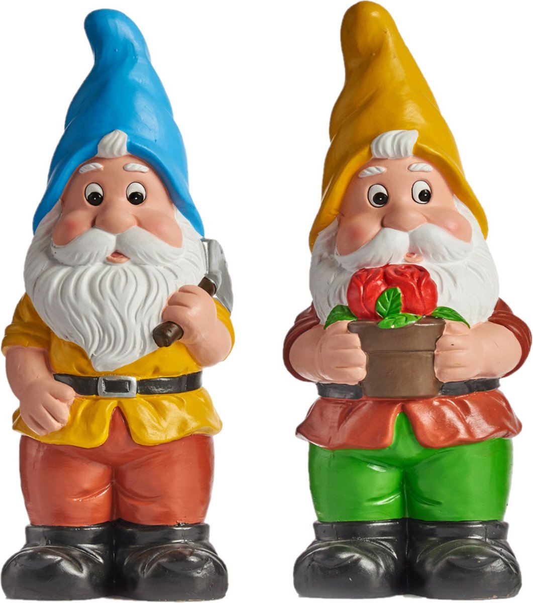 Tuinkabouter Beeldjes - 2x - geel/blauw - keramiek - 24,5 cm - tuindecoratie