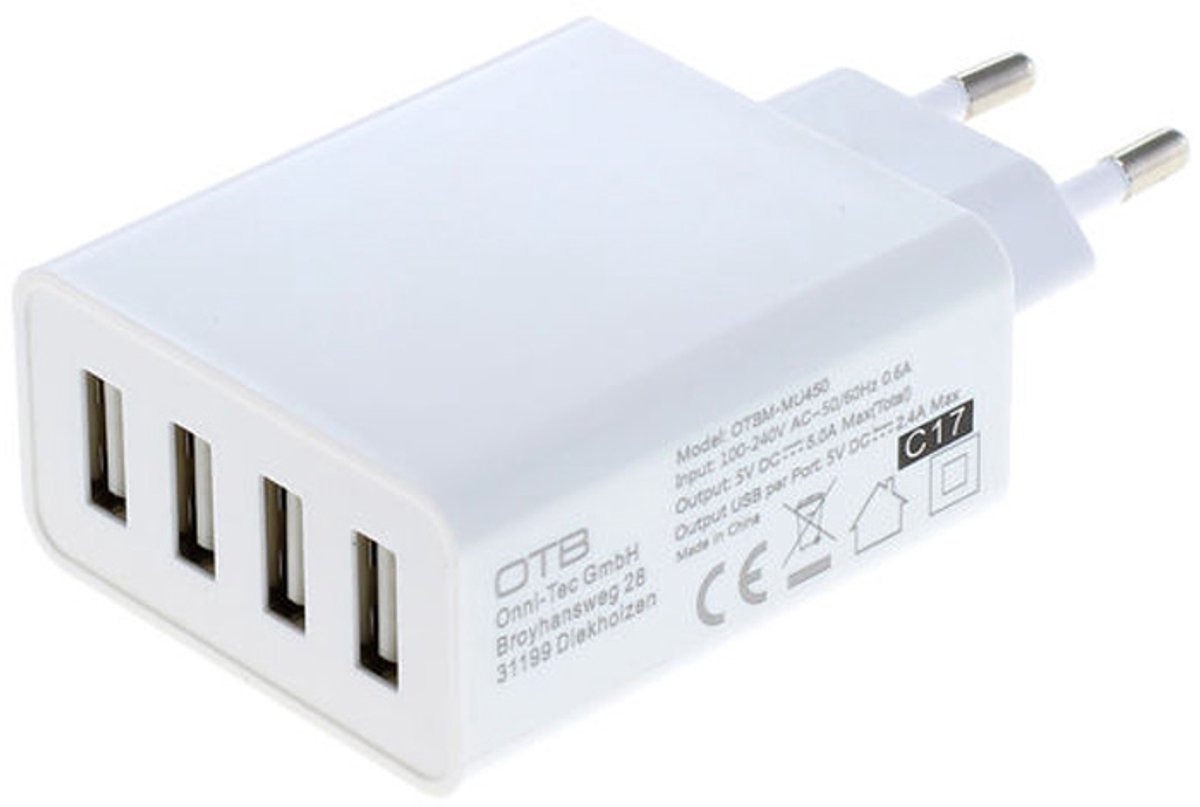 USB thuislader met 4 poorten - Smart IC - 5A / wit