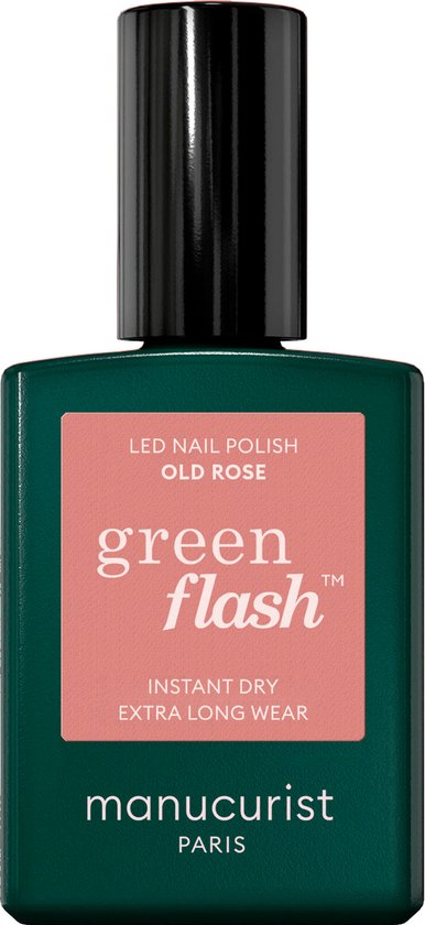 Flesje Manucurist Green Flash nagellak in de kleur Old Rose met een zwarte dop en roze etiket.