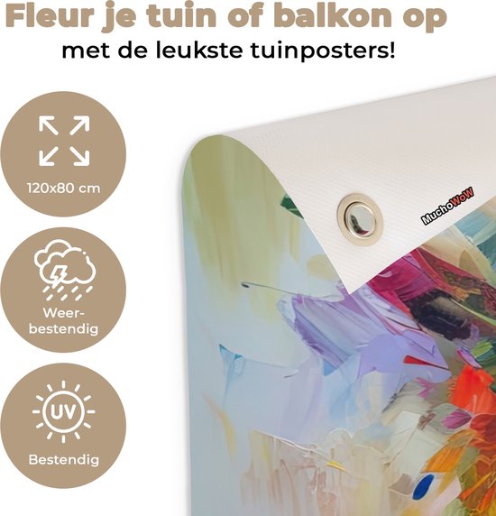 Affiche de jardin Fleurs - Coloré - Pot de fleurs - Peinture à l'huile - 130x80 cm - Décoration murale Extérieur - Affiche de jardin - Toile de jardin - Affiche de clôture - Tableau de jardin