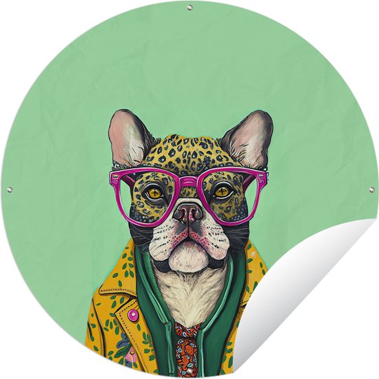 Garden Circle Chien - Hippie - Animaux - Lunettes - 60x60 cm - Poster de jardin rond - Extérieur