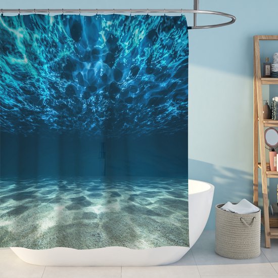Foto: Floraweg douchegordijn blauw oceaanpatroon topkwaliteit waterdicht anti schimmeleffect 3d digitale print wasbaar badgordijn douchegordijn badkamergordijn stof waterdichte polyester stof met 12 stuks douchegordijnhaken 180 x 180 cm