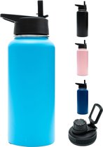 Gourde - Aqua Blue - 1 litre - Bouchon Extra avec paille et bec verseur - Gourde avec paille - Bouteille isotherme - Sans BPA - Étanche