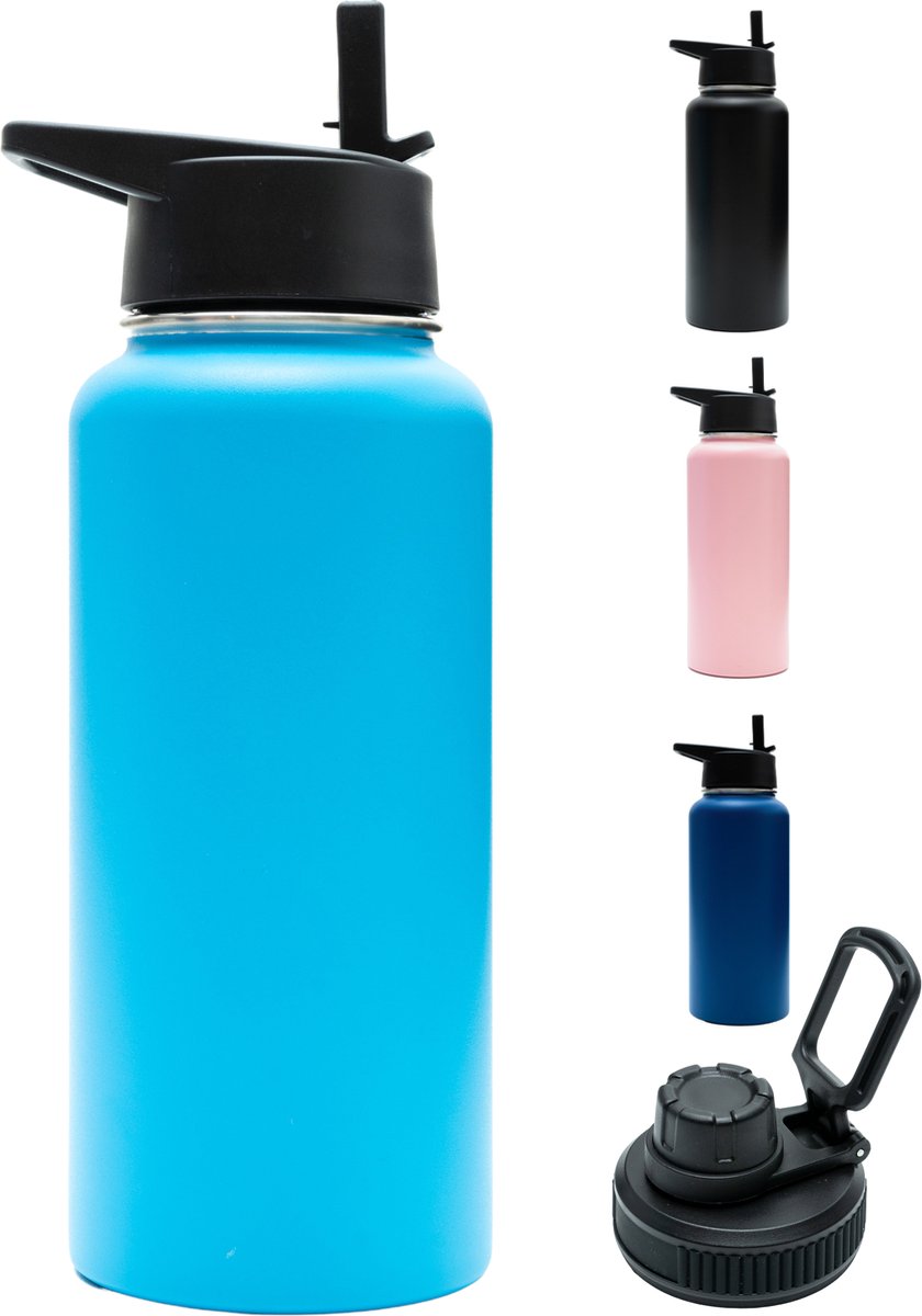 Drinkfles - Aqua Blue - 1 Liter - Extra Dop Met Rietje & Drinktuit - Waterfles Met Rietje - Isoleerfles - BPA vrij - Lekvrij