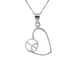 Zilveren ketting dames | Zilveren ketting met hanger, open hart met peace teken