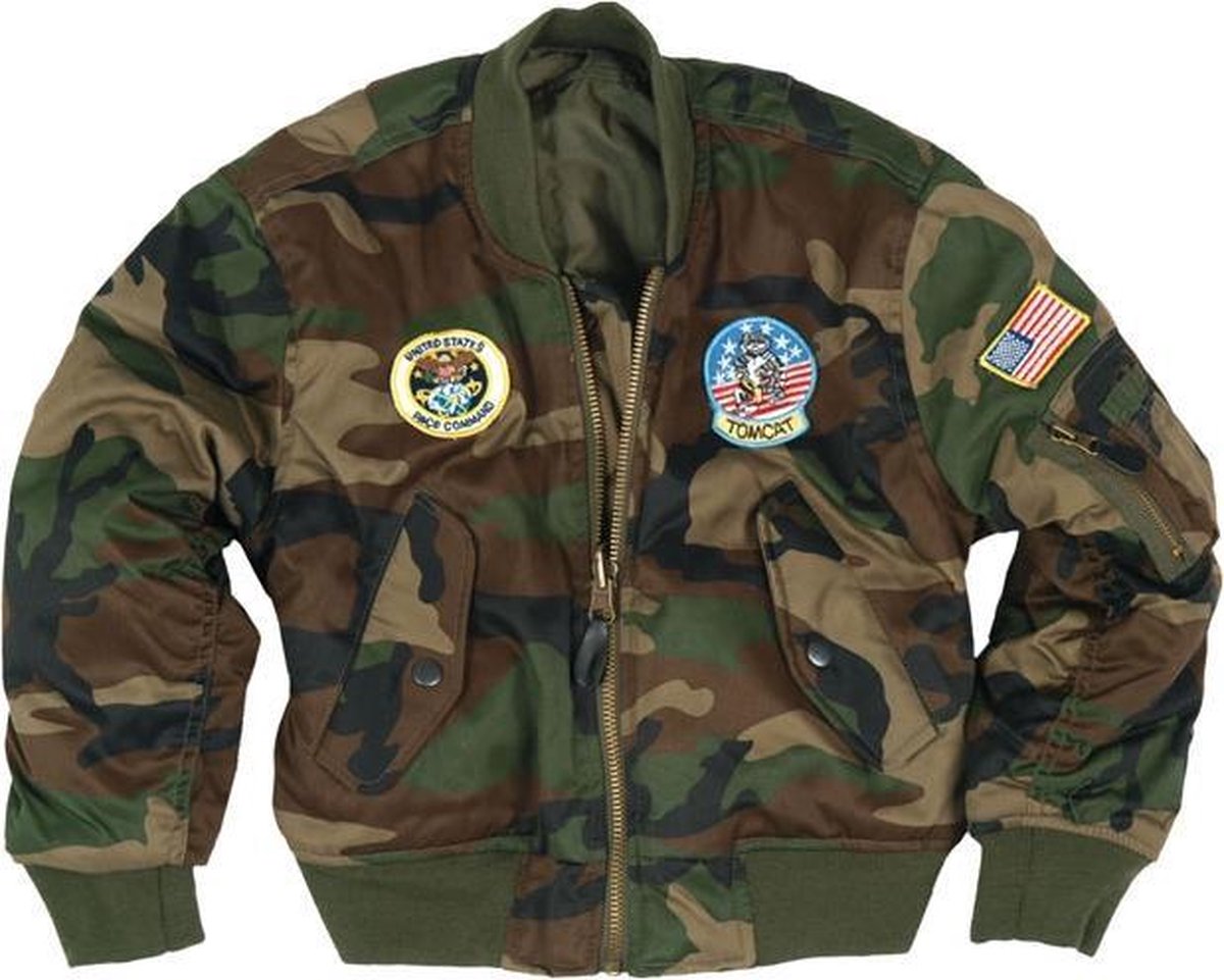 Mil-Tec kinder MA-1 Bomberjack + Emblemen woodland Camo