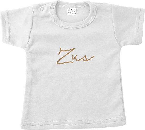 Baby t-shirt korte mouw - Zus - Wit met goud - Maat 80 - Zwanger - Geboorte - Big Sister - Grote Zus - Aankondiging - Zwangerschapsaankondiging - Peuter - Dreumes