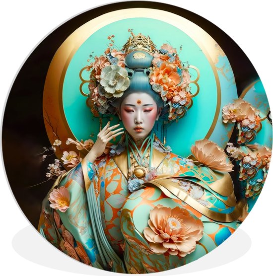 WallCircle - Wall Circle - Wall Circle Indoor - Femme - Kimono - Fleurs - Goud - Portrait - 60x60 cm - Décoration murale - Peintures Ronds