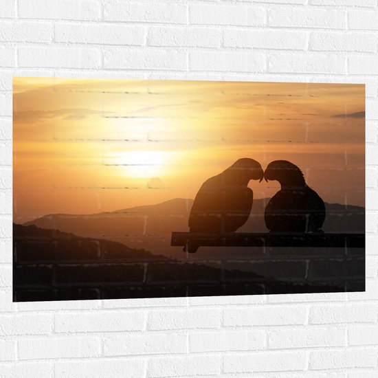 Muursticker - Silhouet van Verliefd Duivenkoppel tijdens Zonsondergang - 105x70 cm Foto op Muursticker